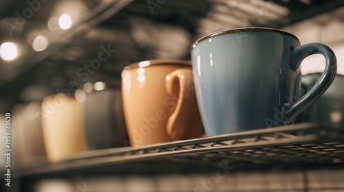 Ceramic cups stored on a wire shelf in a cafe. Row of various colorful mugs arranged in a kitchen cupboard. Concept of home hospitality, beverage preparation and restaurant service.