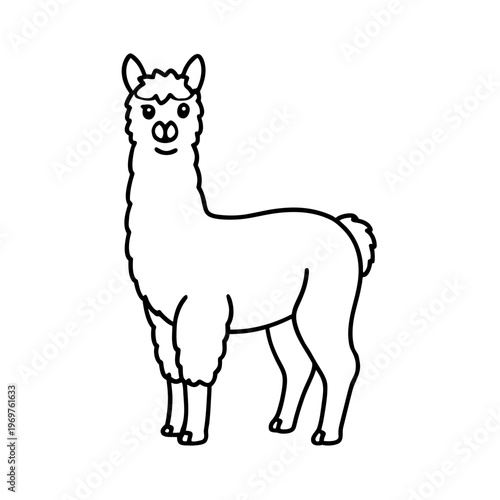 Cute cartoon llama standing profile black line drawing isolated on white background vector illustration