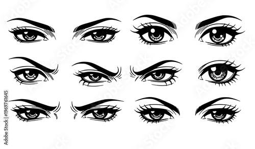 Anime eyes set manga character expressions black and white vector illustration isolated on white background