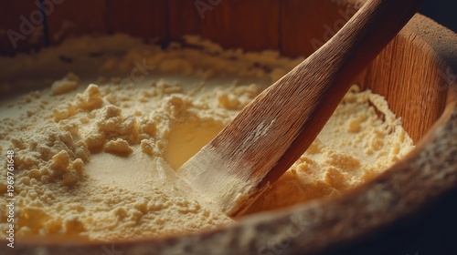 Wooden spoon mixing dough in rustic wooden bowl. Traditional homemade bread preparation process. Ingredient for baking bakery product. Organic food preparation in vintage kitchen interior.