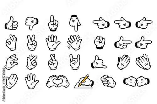 Cartoon Gloved Hands Gestures Set – White Gloves Vector Icons Collection