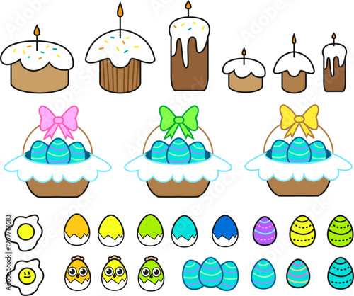 A festive vector collection featuring separate images of colorful painted eggs, traditional baskets overflowing with treats, decorated Easter bread loaves, and cute chocolate bunnies. The perfect tool