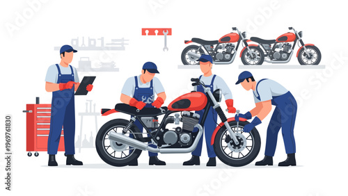 Mechanics Servicing Motorcycle: A skilled team of mechanics meticulously working on a classic motorcycle in a well-equipped workshop, highlighting precision, expertise, and a passion for engineering.