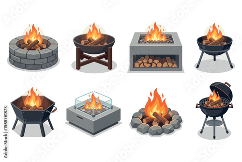 Fire Pit Icons Set – Outdoor Fireplace Flat Vector Collection