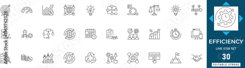 Efficiency line icon set featuring performance, optimization, speed, productivity, time, resource, and growth. Professional editable vector illustration.
