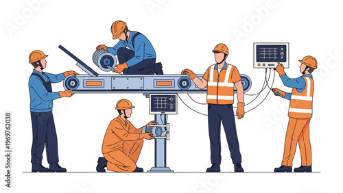 Industrial Assembly Line: Workers collaboratively maintain and operate a complex industrial assembly line, meticulously focused on their tasks.