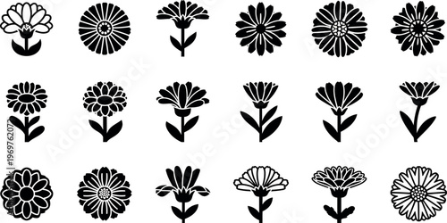 Black and white flower in rows flowers silhouettes floral