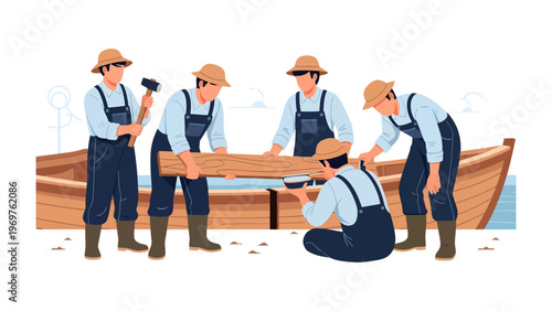 Crafting a Vessel: A dedicated team of skilled artisans meticulously constructing a wooden boat, showcasing precision and craftsmanship in their collaborative effort.