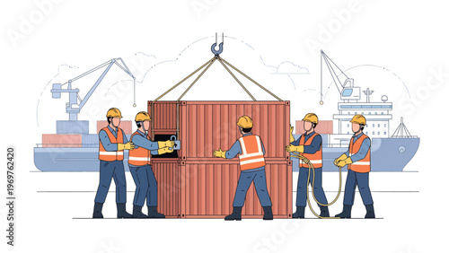 Container Handling Operation: A team of diligent workers is meticulously coordinating the lifting and transport of a large cargo container.