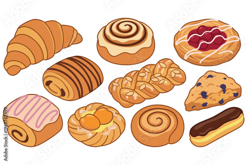 Glossy Pastries Set – Danish, Cinnamon Roll and Croissant Vector Illustration