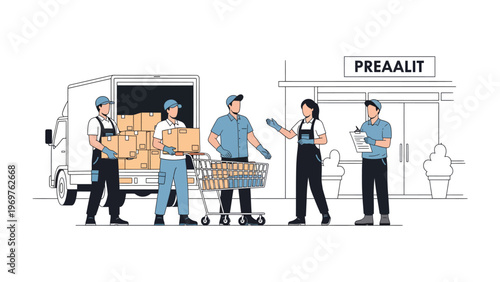 Teamwork in Action: A dynamic team of delivery personnel and store staff collaborates to unload a delivery truck, showcasing seamless coordination and efficiency.