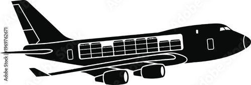 A sleek black silhouette of a commercial airplane in flight isolated on white background, Vector