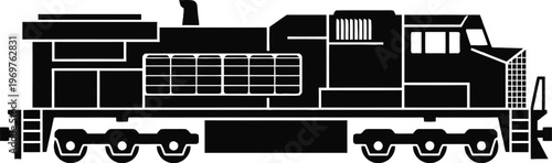 Vintage black and white illustration of a powerful diesel locomotive train engine isolated on white background, Vector