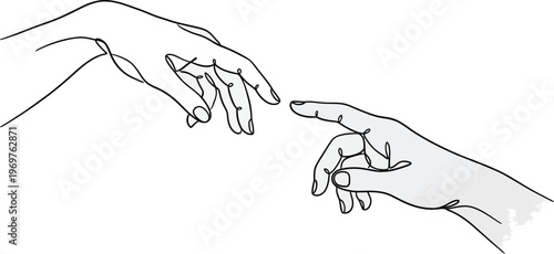 Two hands reach out to each other. Fragment of a painting. One line vector illustration.