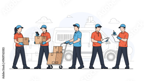 Efficient Delivery: A team of dedicated delivery personnel efficiently manages packages, ensuring smooth logistics, and timely service with their delivery vehicle.