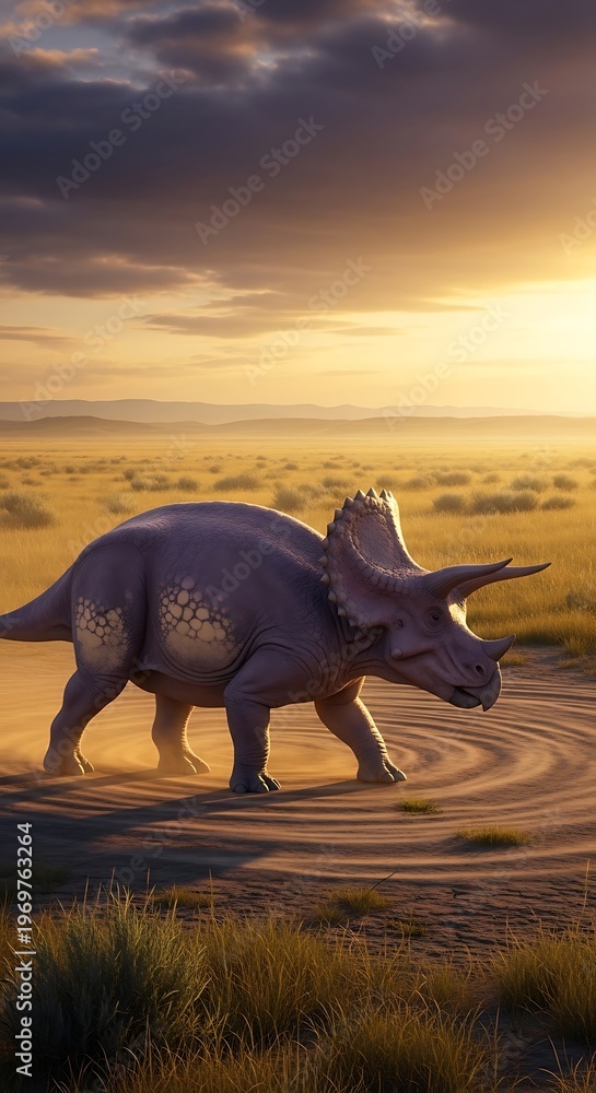 Fototapeta premium Triceratops walking in a field.