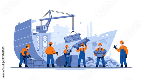 Cargo Ship Loading: A vibrant illustration showcasing diligent workers collaboratively loading a cargo ship, symbolizing industry, logistics, and global trade.