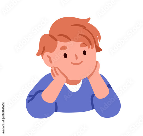 Boy kid leaning head on hands, listening with smiling cheerful interested face expression. Cute little preschool child. Adorable sweet character. Flat vector illustration isolated on white background