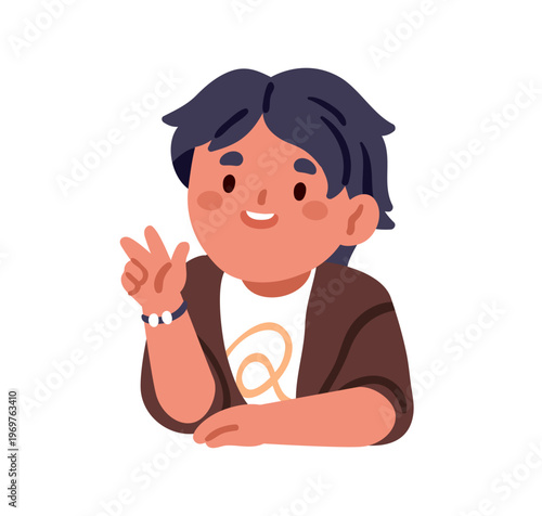 Boy kid smiling, showing v sign. Happy cute school child, victory hand gestur...