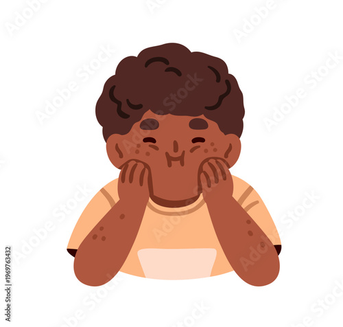 Cute funny boy making playful face grimace, joke. Kid with comic expression, emotion. Little black child. Adorable African-American character fun. Flat vector illustration isolated on white background