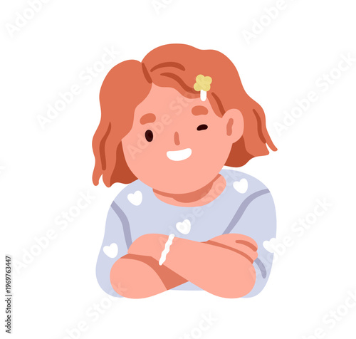 Girl kid smiling, winking, sitting with arms crossed. Happy cute school child...