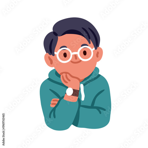 Boy kid in glasses, leaning head on hand, listening with happy smiling face expression. Cute little school child character in spectacles. Flat vector illustration isolated on white background
