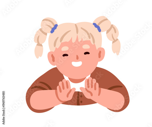 Happy smiling girl kid showing hand palms. Cute funny child, positive joyful emotion, laughing. Preschool character joy, amusing face expression. Flat vector illustration isolated on white background