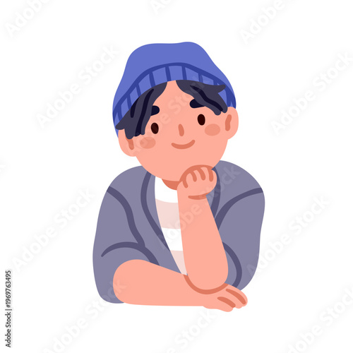 Boy kid in beanie hat, leaning head chin on hand, listening with happy smilin...
