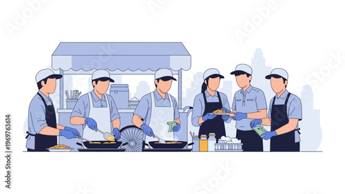 Culinary Harmony: A team of chefs collaborates in a bustling open-air kitchen, crafting delectable dishes. The scene pulsates with culinary skill and team cohesion.