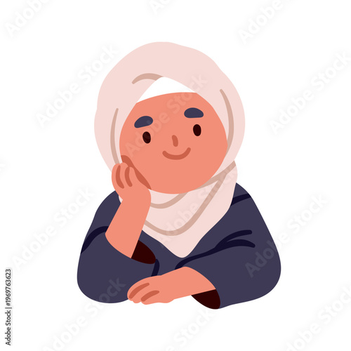 Muslim Arab girl kid smiling, leaning head on hand, listening. Cute little sc...