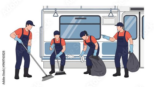 Cleaning Crew: A team of dedicated workers efficiently sanitizing the interior of a train carriage, promoting cleanliness and order in public transport.