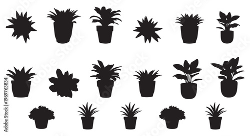 Potted Plant Silhouettes Set - Black Houseplant Icons and Indoor Foliage Vector Shapes