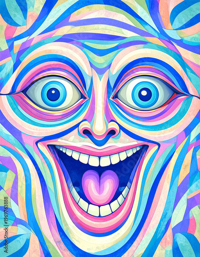 A colorful abstract portrait of a face with wide eyes and an open mouth, featuring swirling psychedelic patterns. The composition is filled with vibrant wavy lines and contains no copy space
