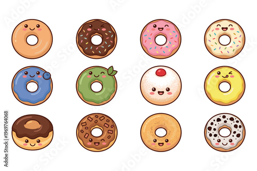 Cute Donuts Characters Set – Funny Cartoon Dessert Vector Collection