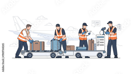 Airport Baggage Handlers at Work: Illustration of airport baggage handlers efficiently managing luggage, bags, and boxes. Conveying the seamless flow of goods.