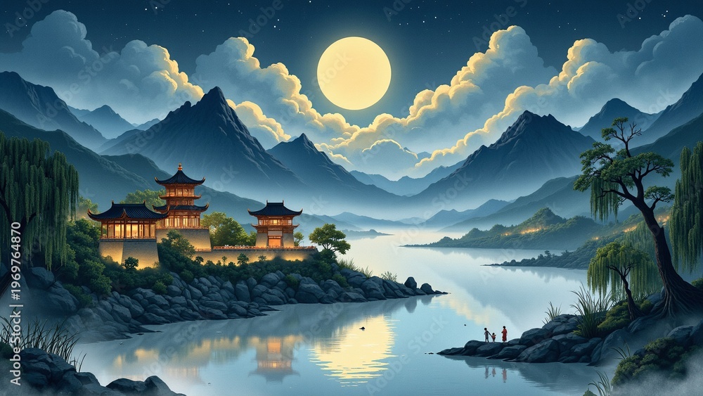 Obraz premium Luminous Moonlit Pavilion and Misty Mountains
