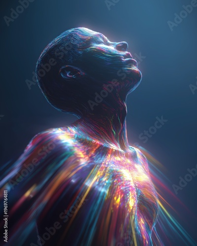A digital, luminous human figure looks upward, composed of glowing lines and vibrant colors against a dark blue background.