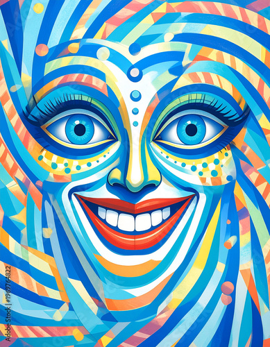 A colorful abstract portrait of a face with wide eyes and an open mouth, featuring swirling psychedelic patterns. The composition is filled with vibrant wavy lines and contains no copy space