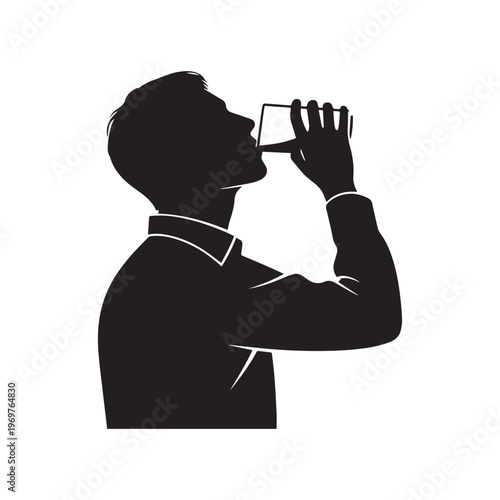 Silhouette of a Young Man Drinking Water From a Glass Cup. 
