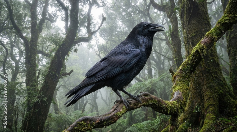 Fototapeta premium Black raven perched on mossy branch in a foggy ancient forest