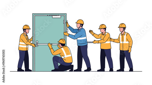 Safety Door Installation: A dedicated team of skilled workers, dressed in safety gear, meticulously install a security door, showcasing precision and teamwork in action.