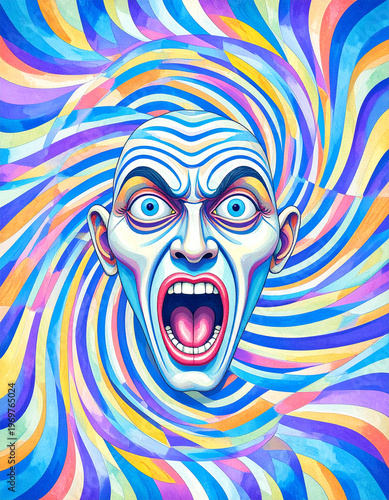 Psychedelic Abstract Male Face Screaming with Vibrant Blue and Yellow Wavy Patterns