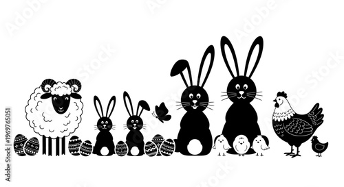 Easter animal family illustration with sheep, bunnies, and chickens.