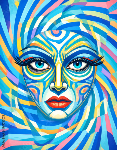 Psychedelic Abstract Angry Woman Face Screaming with Vibrant Blue and Yellow Wavy Patterns