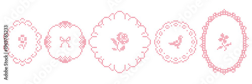 Cross-stitch frames and borders. Oval, round shapes with vintage embroidery elements. Retro hand made covers for branding, scrapbooking and social media.
