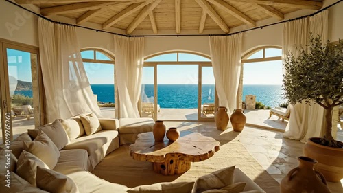 Spacious living room with large windows showcasing ocean view, featuring beige sofa, wooden coffee table, and decorative pottery in a coastal home setting