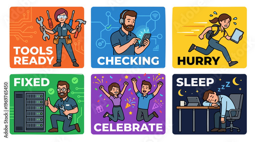 Professional Workflow Sticker Set with Diverse Characters for IT Maintenance and Service Industry Tools Ready Checking Hurry Fixed Celebrate and Sleep for Business Productivity Daily Routine