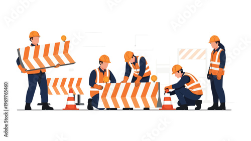 Construction Site Safety: A group of construction workers in safety attire diligently assemble barriers, emphasizing the importance of site safety.