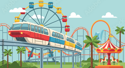 Amusement park with monorail, roller coaster, Ferris wheel, and carousel