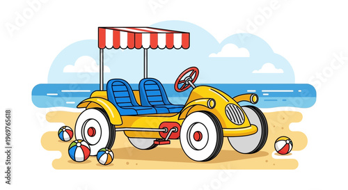 Beach buggy with beach balls and ocean background